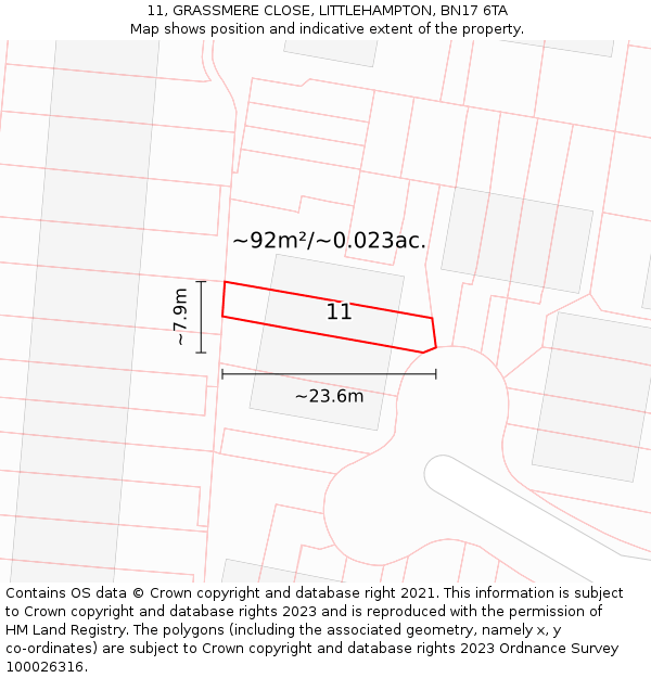 11, GRASSMERE CLOSE, LITTLEHAMPTON, BN17 6TA: Plot and title map