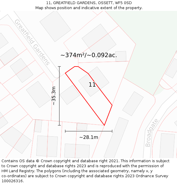 11, GREATFIELD GARDENS, OSSETT, WF5 0SD: Plot and title map