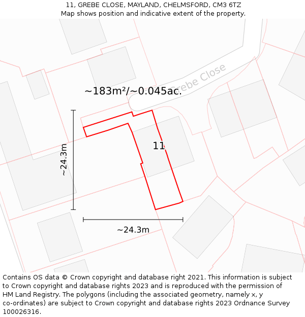 11, GREBE CLOSE, MAYLAND, CHELMSFORD, CM3 6TZ: Plot and title map