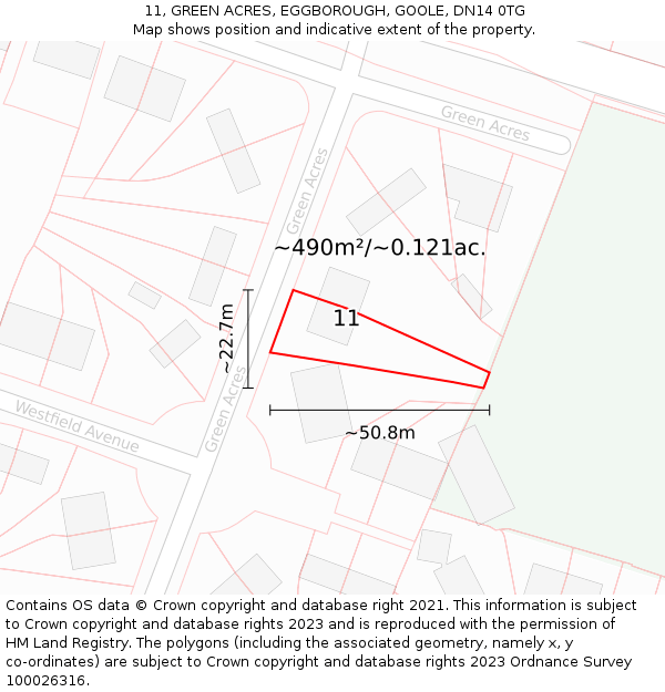 11, GREEN ACRES, EGGBOROUGH, GOOLE, DN14 0TG: Plot and title map