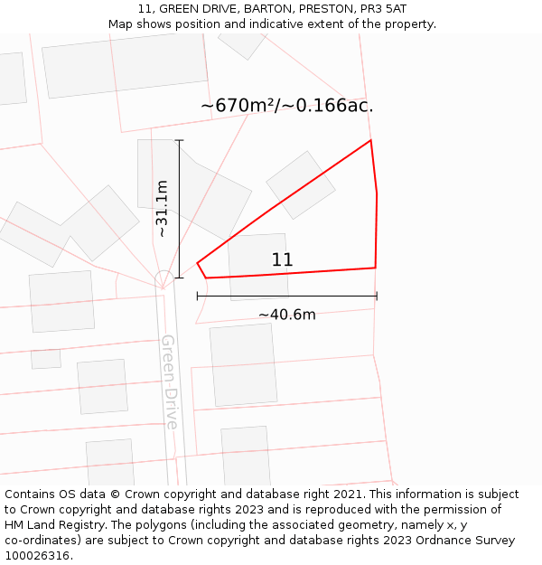 11, GREEN DRIVE, BARTON, PRESTON, PR3 5AT: Plot and title map