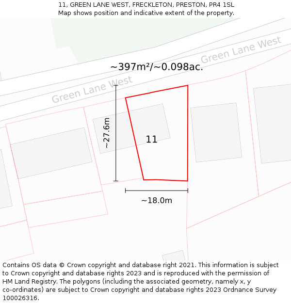 11, GREEN LANE WEST, FRECKLETON, PRESTON, PR4 1SL: Plot and title map