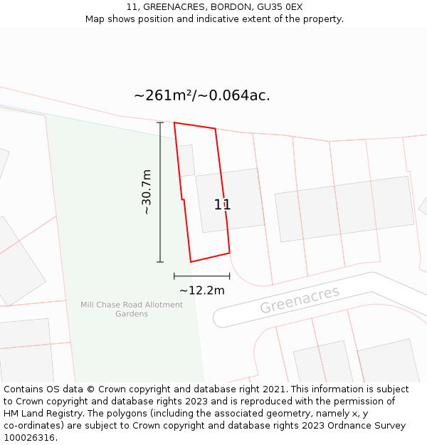 11, GREENACRES, BORDON, GU35 0EX: Plot and title map