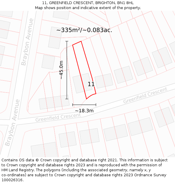 11, GREENFIELD CRESCENT, BRIGHTON, BN1 8HL: Plot and title map