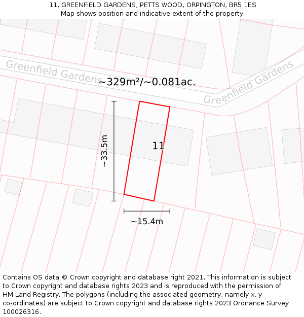 11, GREENFIELD GARDENS, PETTS WOOD, ORPINGTON, BR5 1ES: Plot and title map