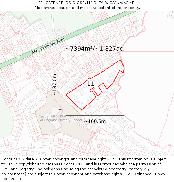 11, GREENFIELDS CLOSE, HINDLEY, WIGAN, WN2 4EL: Plot and title map