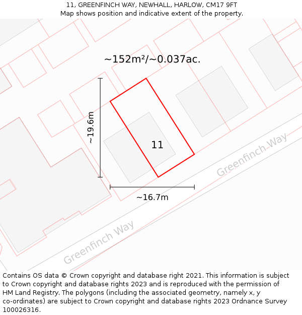 11, GREENFINCH WAY, NEWHALL, HARLOW, CM17 9FT: Plot and title map