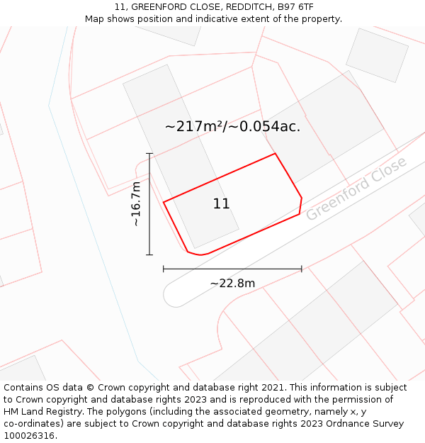 11, GREENFORD CLOSE, REDDITCH, B97 6TF: Plot and title map