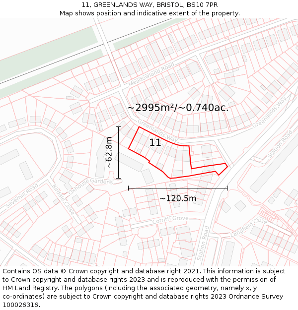 11, GREENLANDS WAY, BRISTOL, BS10 7PR: Plot and title map