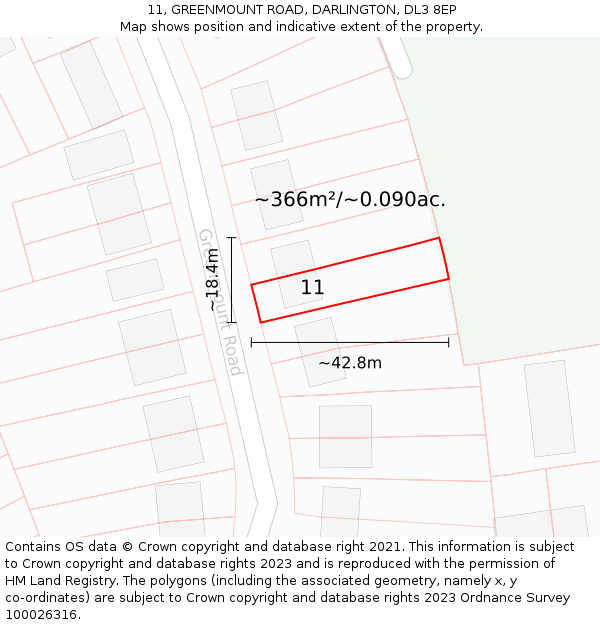 11, GREENMOUNT ROAD, DARLINGTON, DL3 8EP: Plot and title map