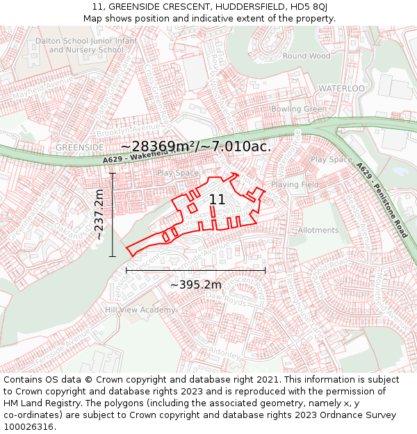 11, GREENSIDE CRESCENT, HUDDERSFIELD, HD5 8QJ: Plot and title map