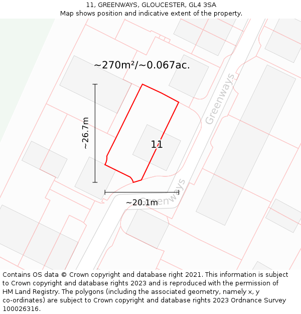 11, GREENWAYS, GLOUCESTER, GL4 3SA: Plot and title map