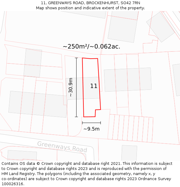 11, GREENWAYS ROAD, BROCKENHURST, SO42 7RN: Plot and title map