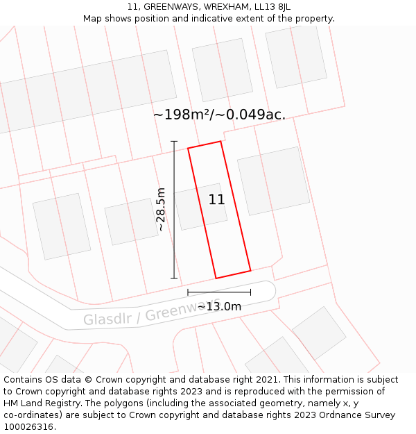 11, GREENWAYS, WREXHAM, LL13 8JL: Plot and title map