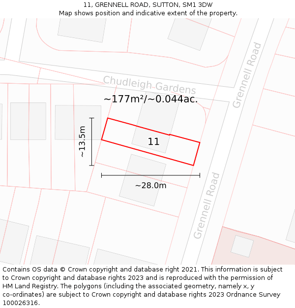 11, GRENNELL ROAD, SUTTON, SM1 3DW: Plot and title map