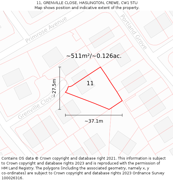 11, GRENVILLE CLOSE, HASLINGTON, CREWE, CW1 5TU: Plot and title map