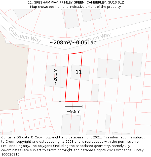 11, GRESHAM WAY, FRIMLEY GREEN, CAMBERLEY, GU16 6LZ: Plot and title map