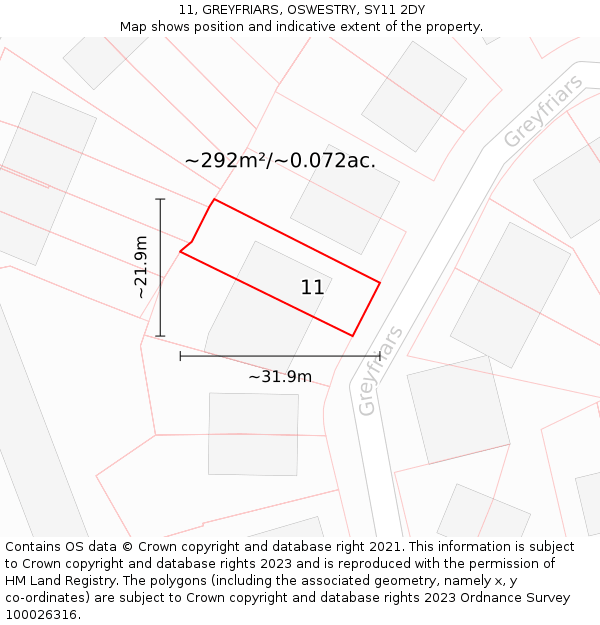 11, GREYFRIARS, OSWESTRY, SY11 2DY: Plot and title map