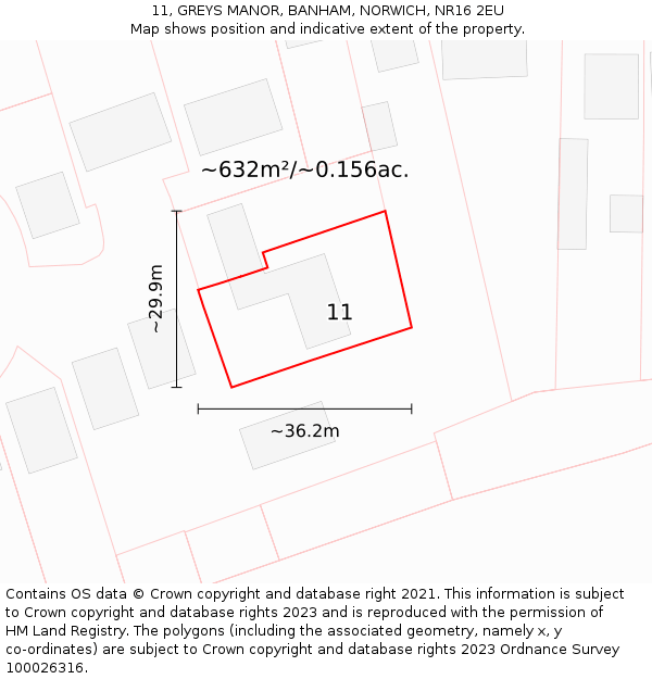 11, GREYS MANOR, BANHAM, NORWICH, NR16 2EU: Plot and title map