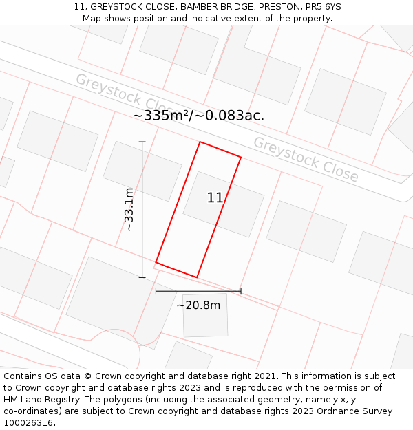 11, GREYSTOCK CLOSE, BAMBER BRIDGE, PRESTON, PR5 6YS: Plot and title map