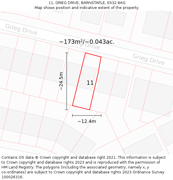 11, GRIEG DRIVE, BARNSTAPLE, EX32 8AG: Plot and title map