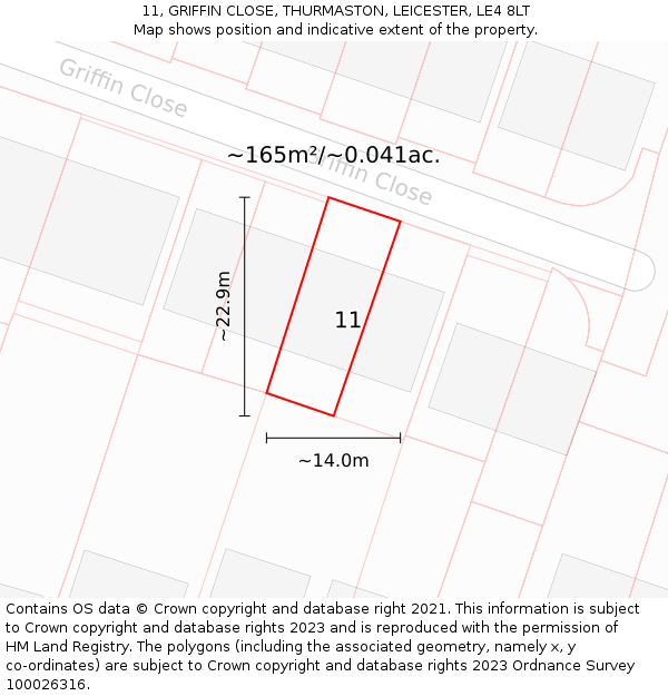 11, GRIFFIN CLOSE, THURMASTON, LEICESTER, LE4 8LT: Plot and title map
