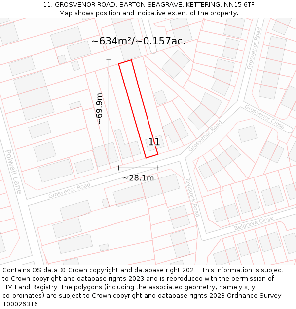 11, GROSVENOR ROAD, BARTON SEAGRAVE, KETTERING, NN15 6TF: Plot and title map
