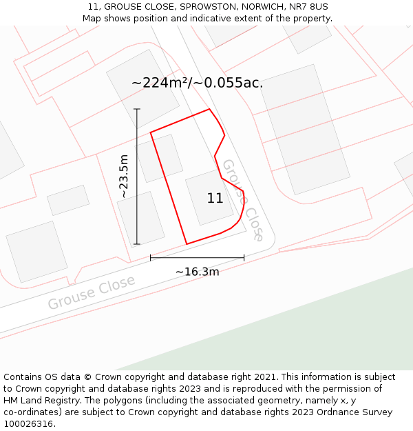 11, GROUSE CLOSE, SPROWSTON, NORWICH, NR7 8US: Plot and title map