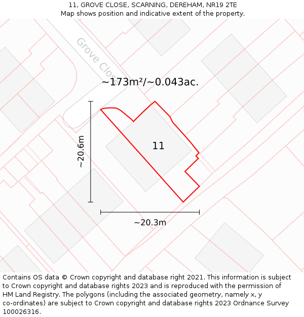 11, GROVE CLOSE, SCARNING, DEREHAM, NR19 2TE: Plot and title map