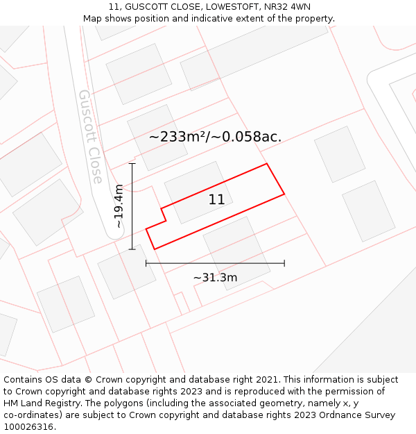 11, GUSCOTT CLOSE, LOWESTOFT, NR32 4WN: Plot and title map
