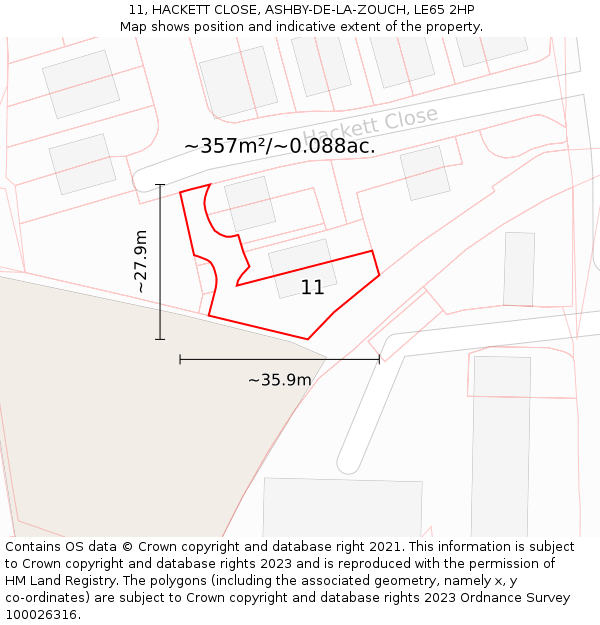 11, HACKETT CLOSE, ASHBY-DE-LA-ZOUCH, LE65 2HP: Plot and title map