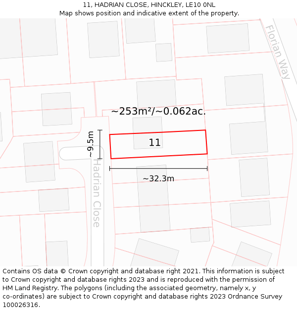 11, HADRIAN CLOSE, HINCKLEY, LE10 0NL: Plot and title map