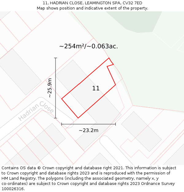 11, HADRIAN CLOSE, LEAMINGTON SPA, CV32 7ED: Plot and title map
