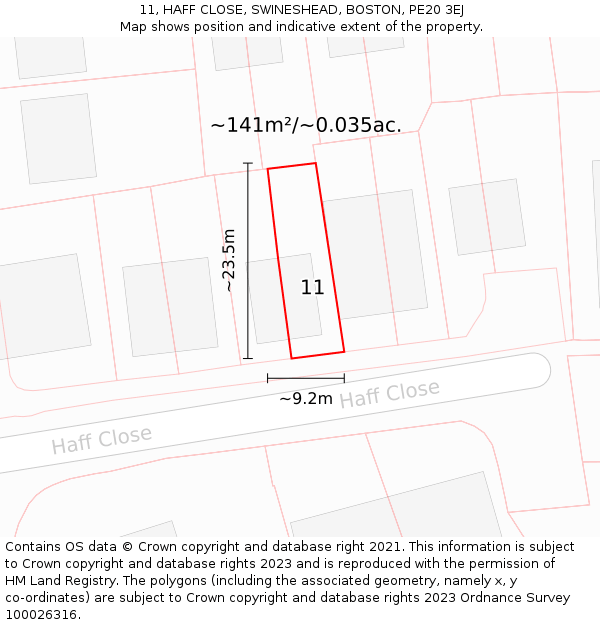 11, HAFF CLOSE, SWINESHEAD, BOSTON, PE20 3EJ: Plot and title map