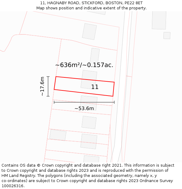 11, HAGNABY ROAD, STICKFORD, BOSTON, PE22 8ET: Plot and title map