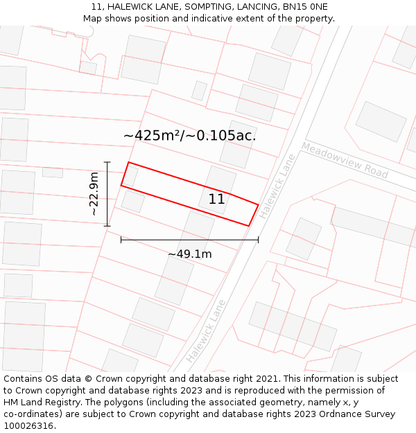 11, HALEWICK LANE, SOMPTING, LANCING, BN15 0NE: Plot and title map