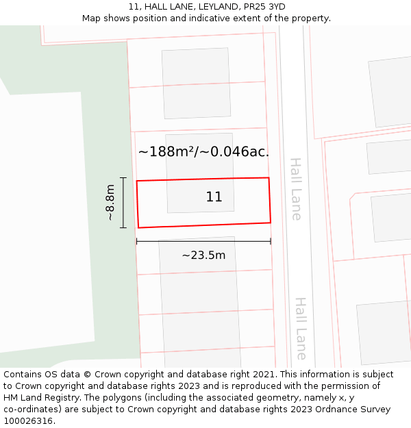11, HALL LANE, LEYLAND, PR25 3YD: Plot and title map