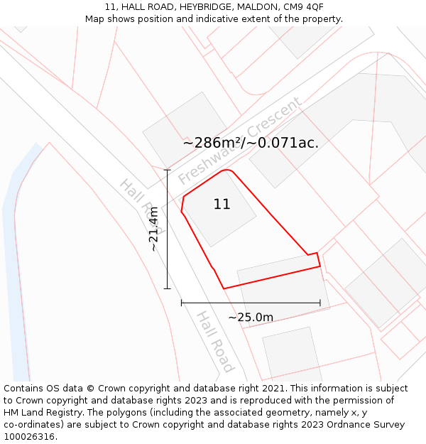 11, HALL ROAD, HEYBRIDGE, MALDON, CM9 4QF: Plot and title map
