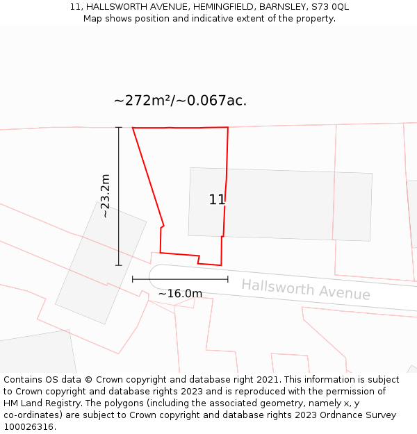 11, HALLSWORTH AVENUE, HEMINGFIELD, BARNSLEY, S73 0QL: Plot and title map