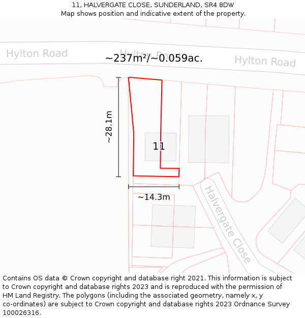 11, HALVERGATE CLOSE, SUNDERLAND, SR4 8DW: Plot and title map