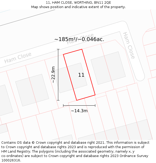 11, HAM CLOSE, WORTHING, BN11 2QE: Plot and title map