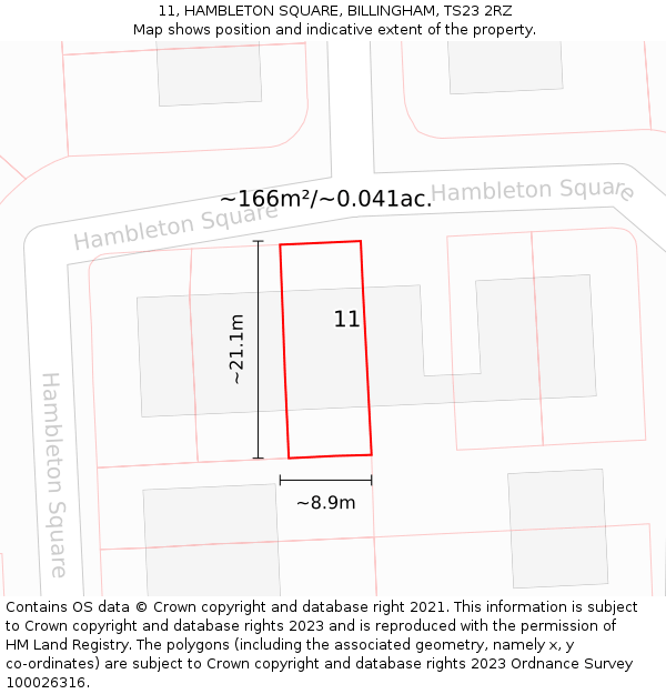 11, HAMBLETON SQUARE, BILLINGHAM, TS23 2RZ: Plot and title map