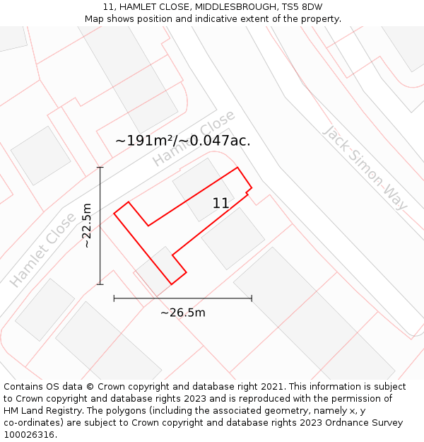 11, HAMLET CLOSE, MIDDLESBROUGH, TS5 8DW: Plot and title map