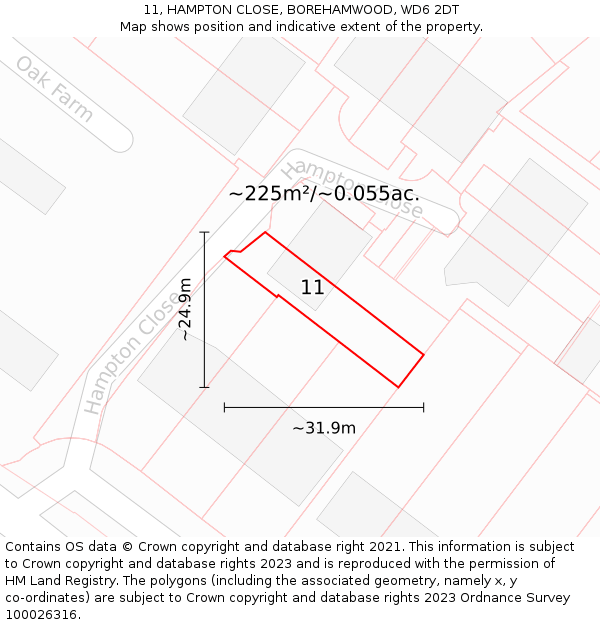 11, HAMPTON CLOSE, BOREHAMWOOD, WD6 2DT: Plot and title map