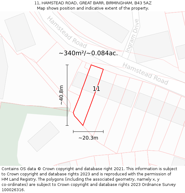 11, HAMSTEAD ROAD, GREAT BARR, BIRMINGHAM, B43 5AZ: Plot and title map