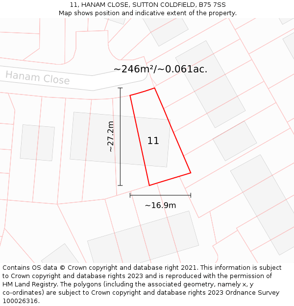 11, HANAM CLOSE, SUTTON COLDFIELD, B75 7SS: Plot and title map
