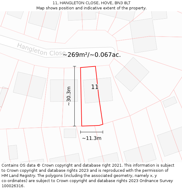 11, HANGLETON CLOSE, HOVE, BN3 8LT: Plot and title map