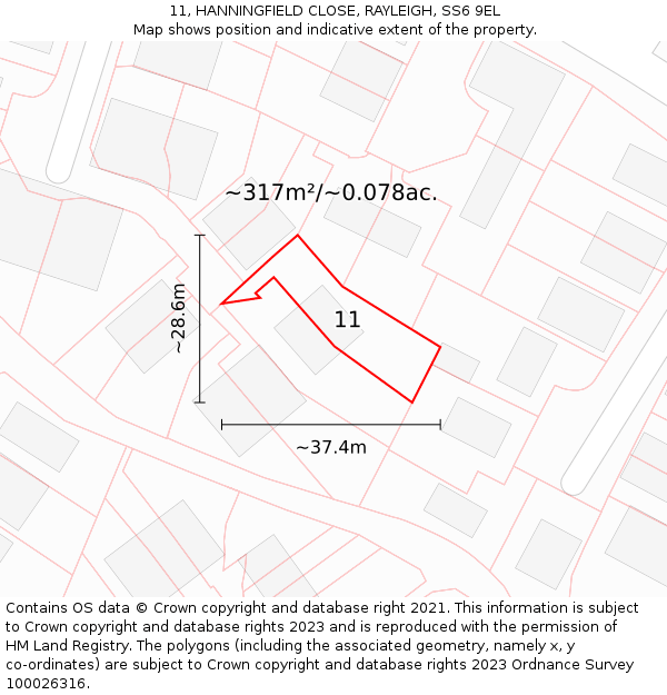 11, HANNINGFIELD CLOSE, RAYLEIGH, SS6 9EL: Plot and title map