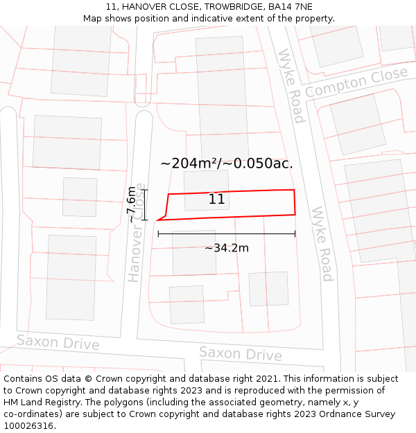 11, HANOVER CLOSE, TROWBRIDGE, BA14 7NE: Plot and title map