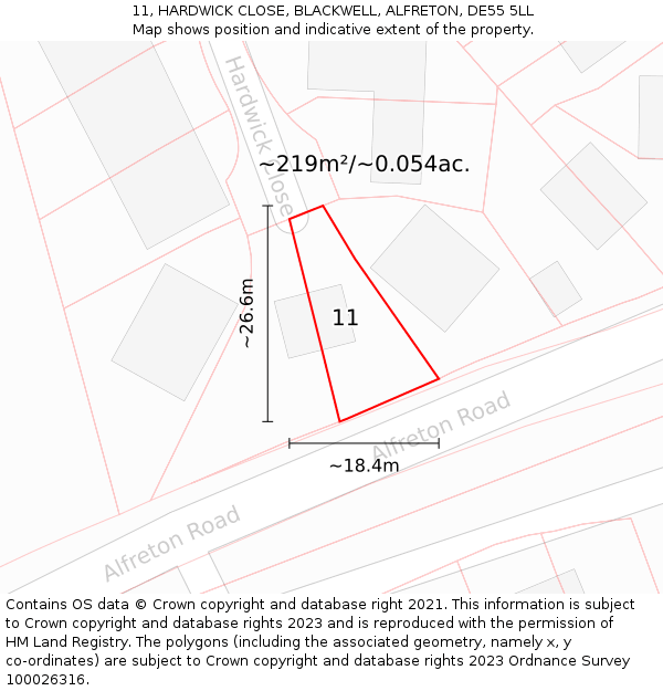 11, HARDWICK CLOSE, BLACKWELL, ALFRETON, DE55 5LL: Plot and title map